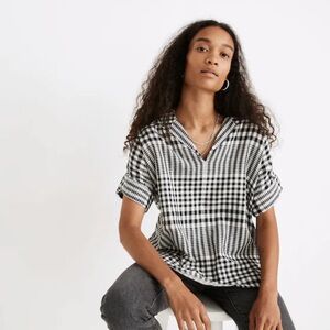 Madewell Double Faced Plaid Black and White Popever Top